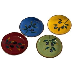 Set of 4 Saparna 4.5” Hand‑Painted Ceramic Plates – Vintage Olive Motif